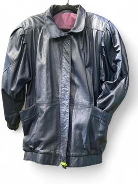 Vintage 80's Braemar by Jeremy Scott Leather Jacket Navy Blue M Made in Canada